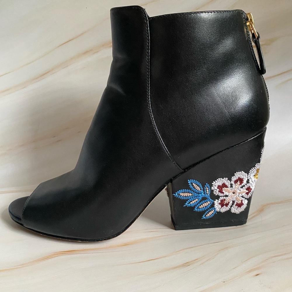 Tory Burch Black Leather Ankle Boots with Floral Embroidery